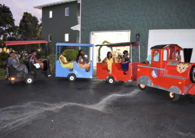 Whimsical outdoor party train ride at Saint Patrick Palace, perfect for birthdays and family celebrations.