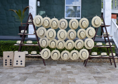 Stylish Panama hat display for outdoor weddings, tropical parties, and summer celebrations.