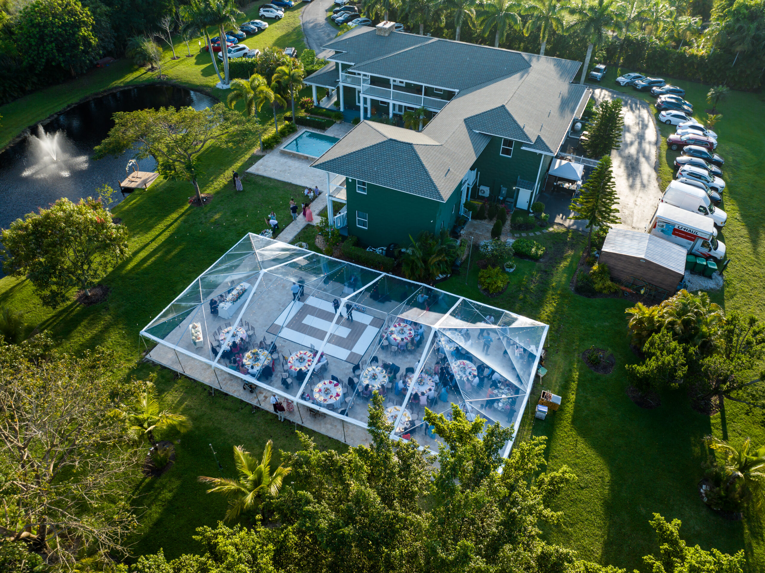 Aerial view of a luxury tented wedding reception at Saint Patrick Palace estate.