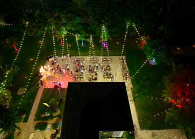 Elegant outdoor wedding reception with glowing string lights at Saint Patrick Palace.