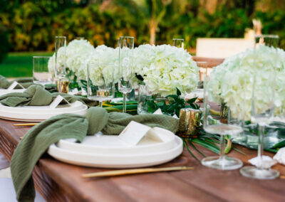Outdoor wedding table with white hydrangeas, gold flatware, and rustic wood for an elegant garden vibe.