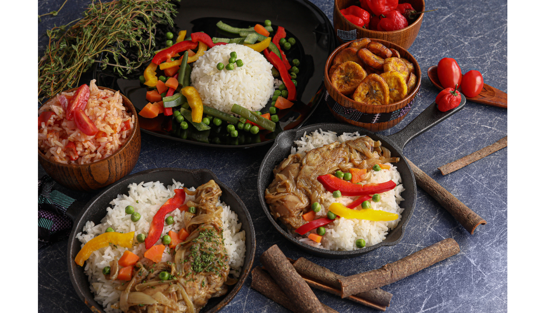 Caribbean rice, stewed chicken, and fried plantains served at a South Florida Airbnb wedding with open vendor policy.