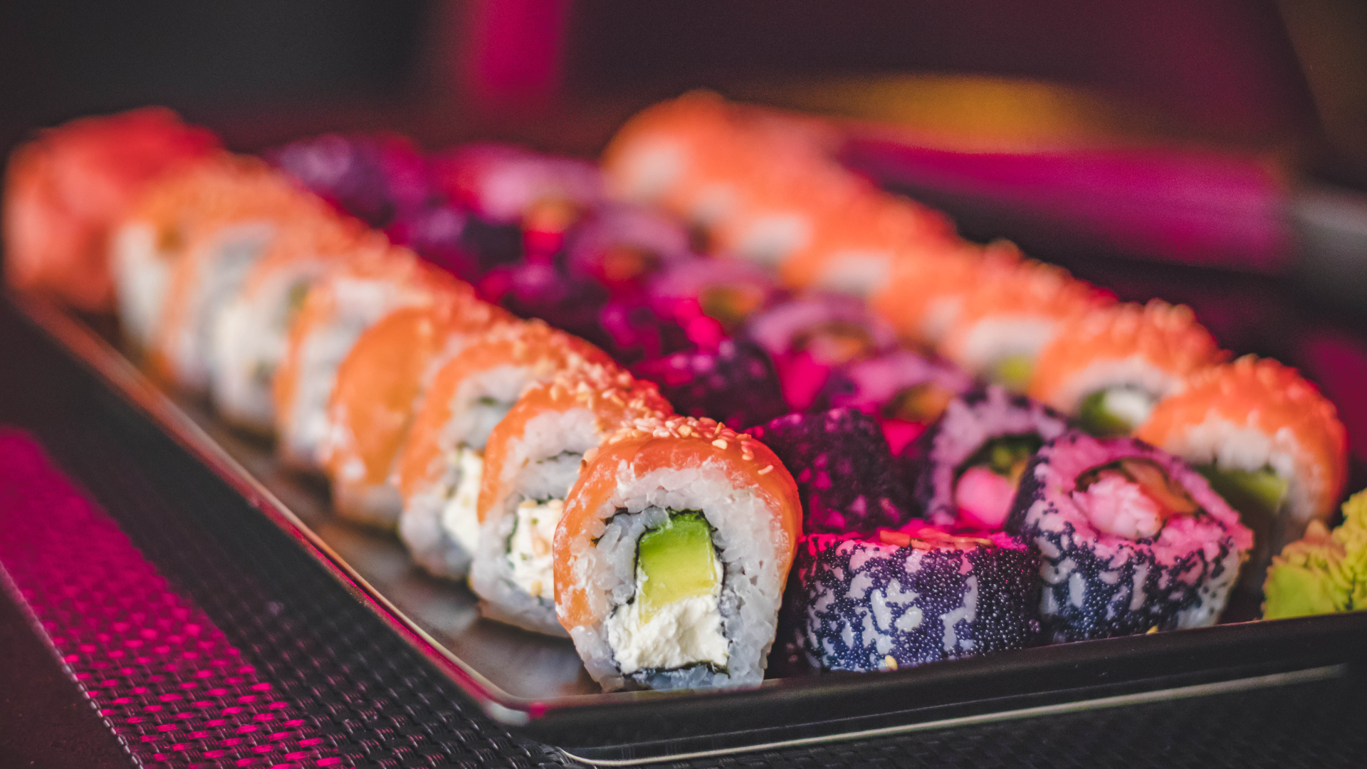 Colorful sushi rolls at a South Florida Airbnb wedding with Asian fusion catering and open vendor policy.