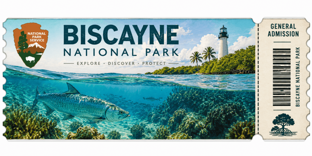 Illustrated Biscayne National Park ticket featuring turquoise waters, coral reefs, marine life, and a lighthouse.