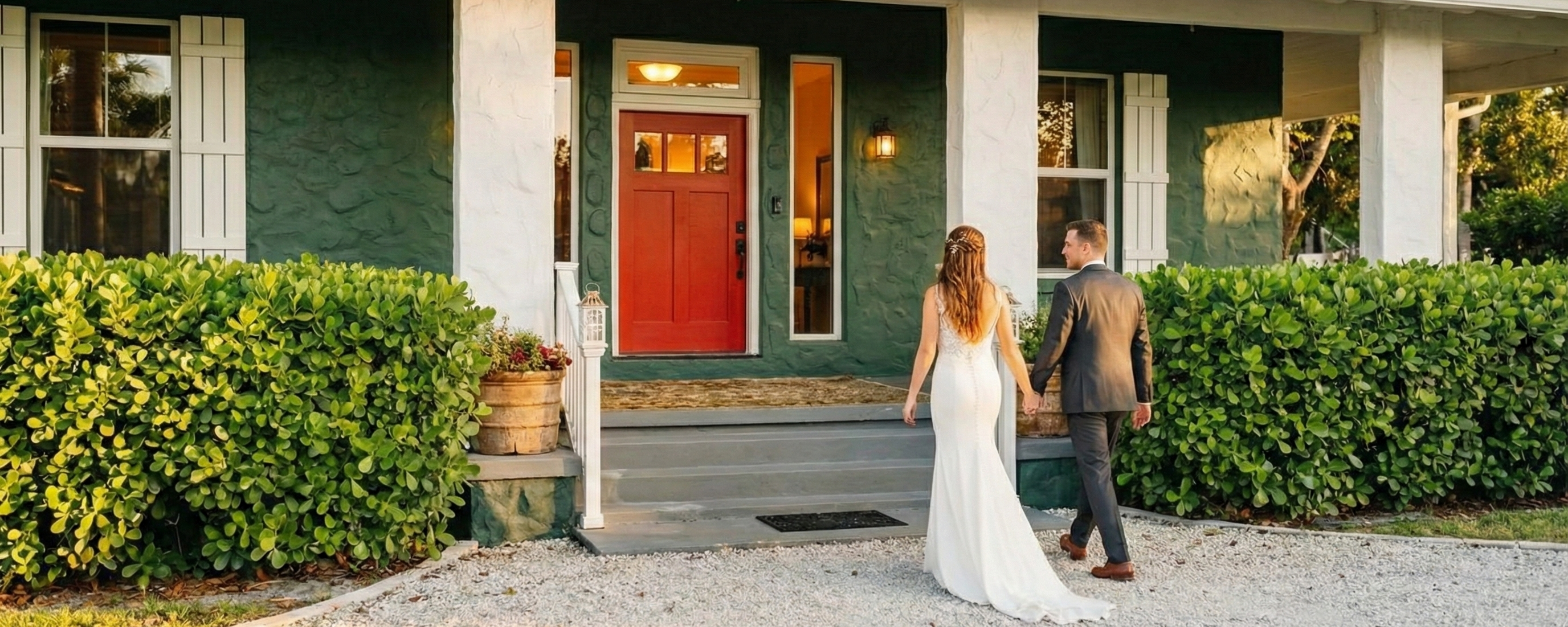 Bride and groom walking toward the main entrance of Saint Patrick Palace, a private wedding venue in Broward County, ready to schedule a tour.