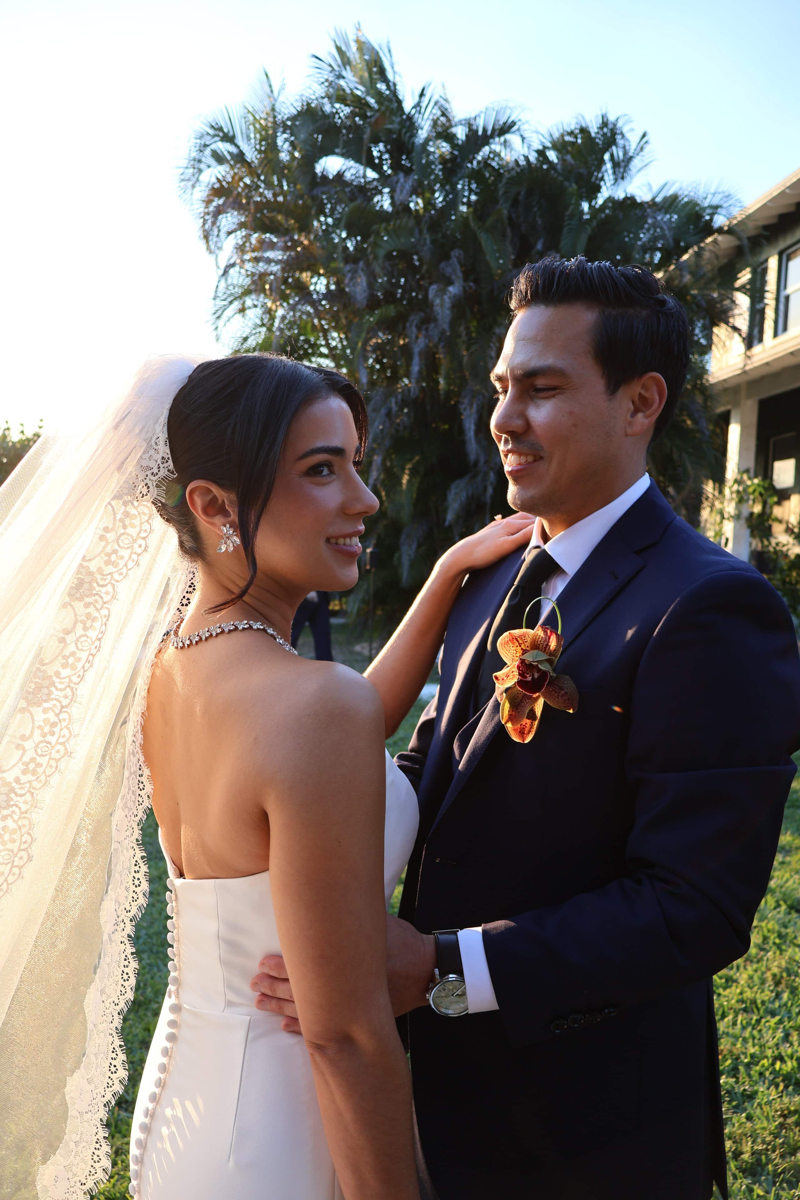 Bride and groom portrait at Saint Patrick Palace wedding venue in South Florida during golden hour