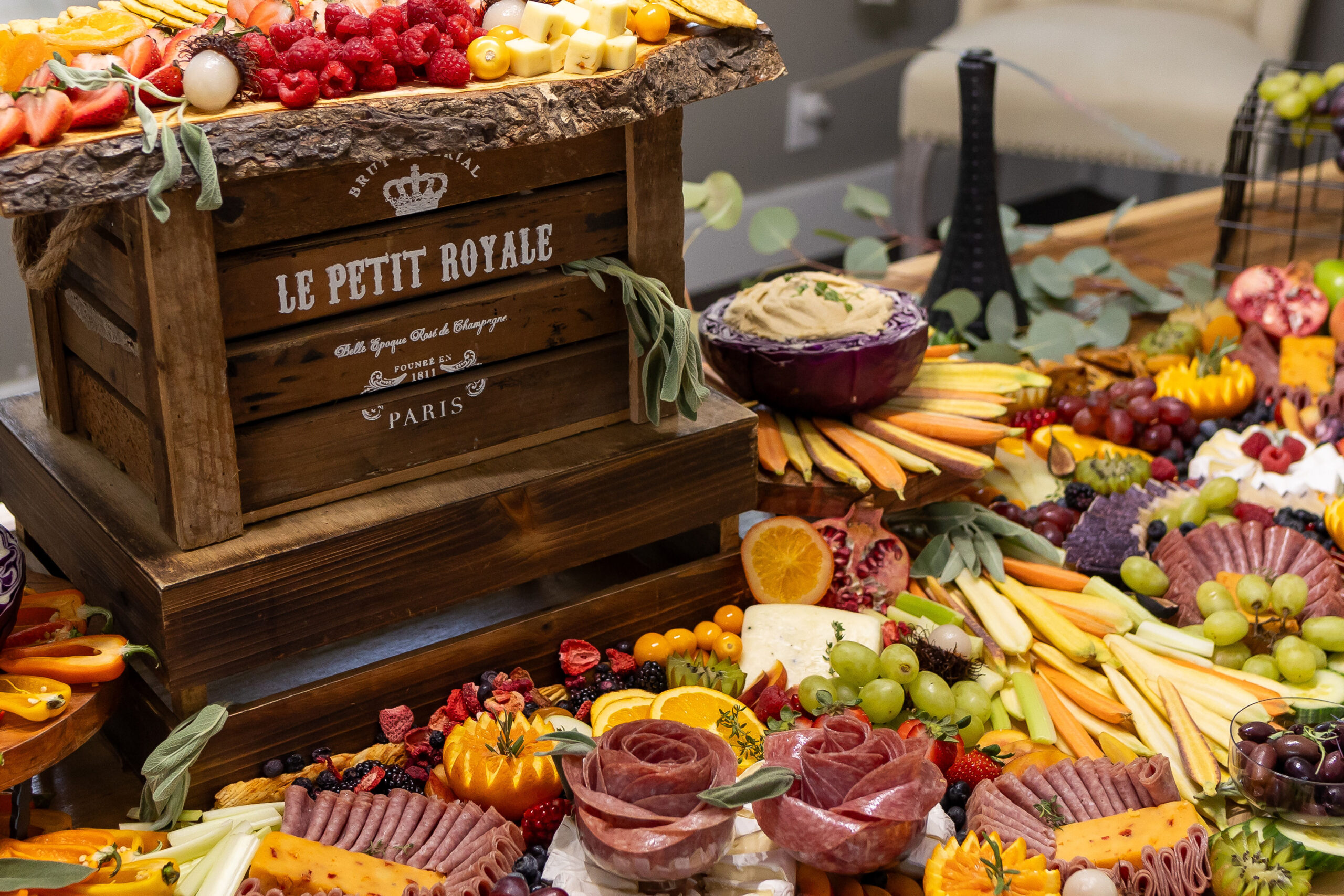 Gourmet charcuterie and appetizer spread at Saint Patrick Palace, a luxury Airbnb wedding venue near Miami.