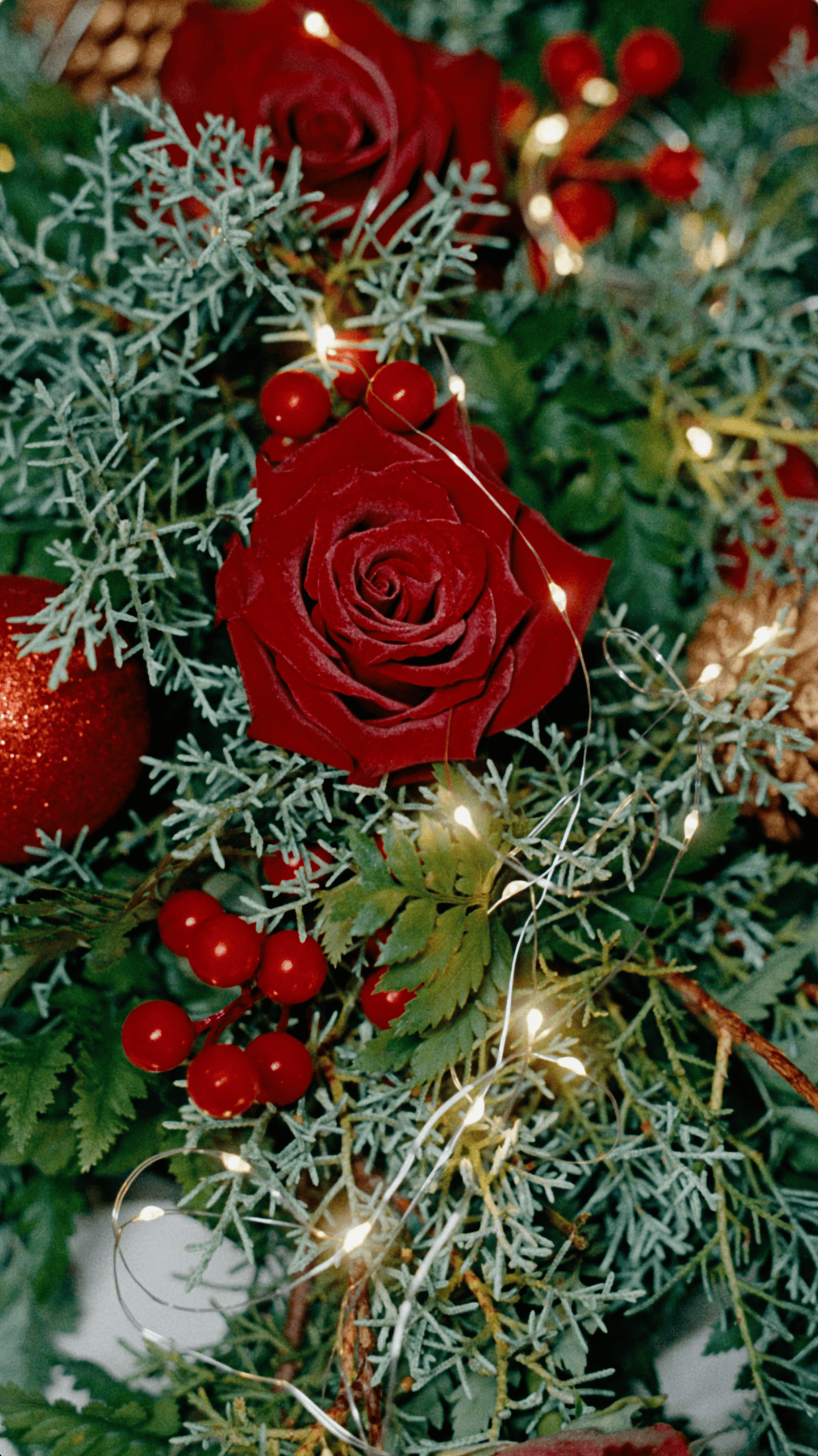 Red roses, frosted greenery, Christmas berries, and warm fairy lights in an elegant holiday floral arrangement.