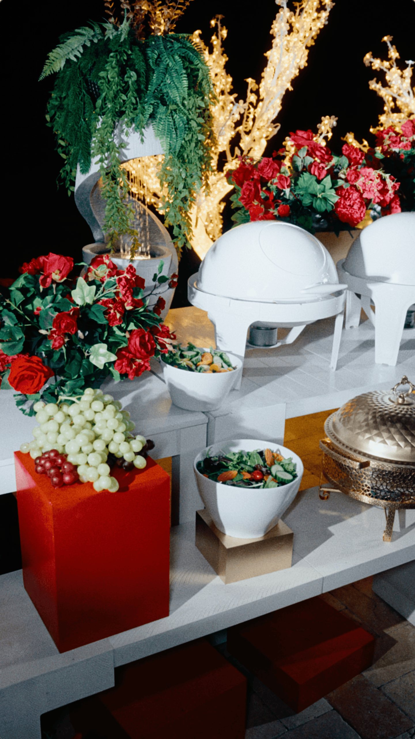 Christmas buffet with fresh salads, grapes, white chafing dishes, red flowers, and illuminated branches.