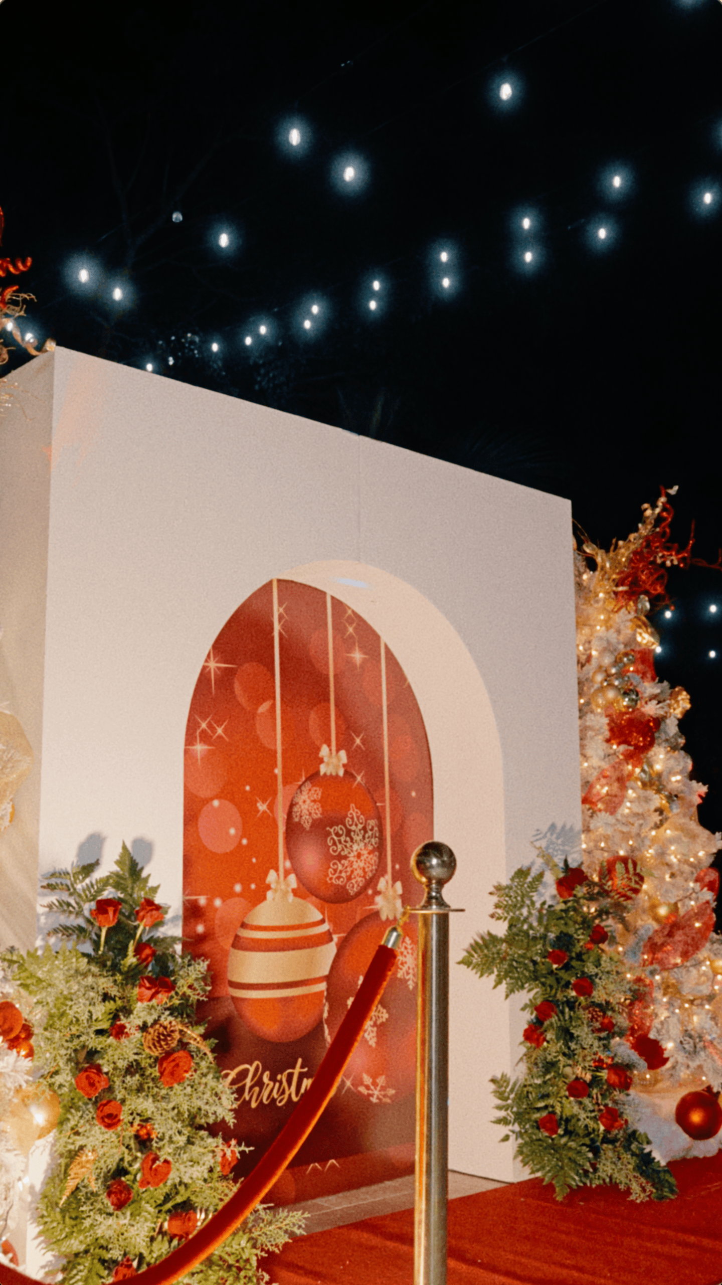 Christmas photo backdrop with red ornaments, decorated white trees, floral arrangements, and velvet rope.