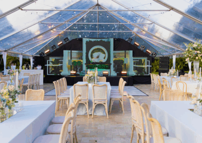 Luxury clear-top tented reception in South Florida with elegant décor, lighting, and upscale event design.