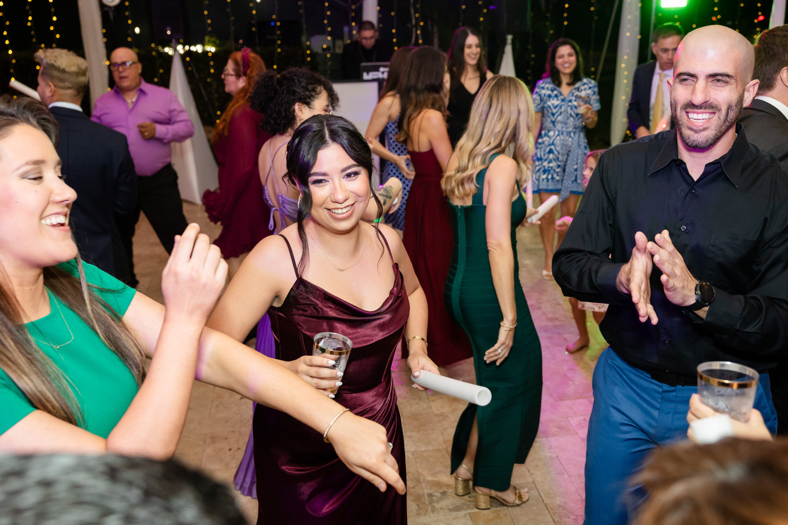 Guests dancing and celebrating at Saint Patrick Palace during a pre-wedding party in South Florida.