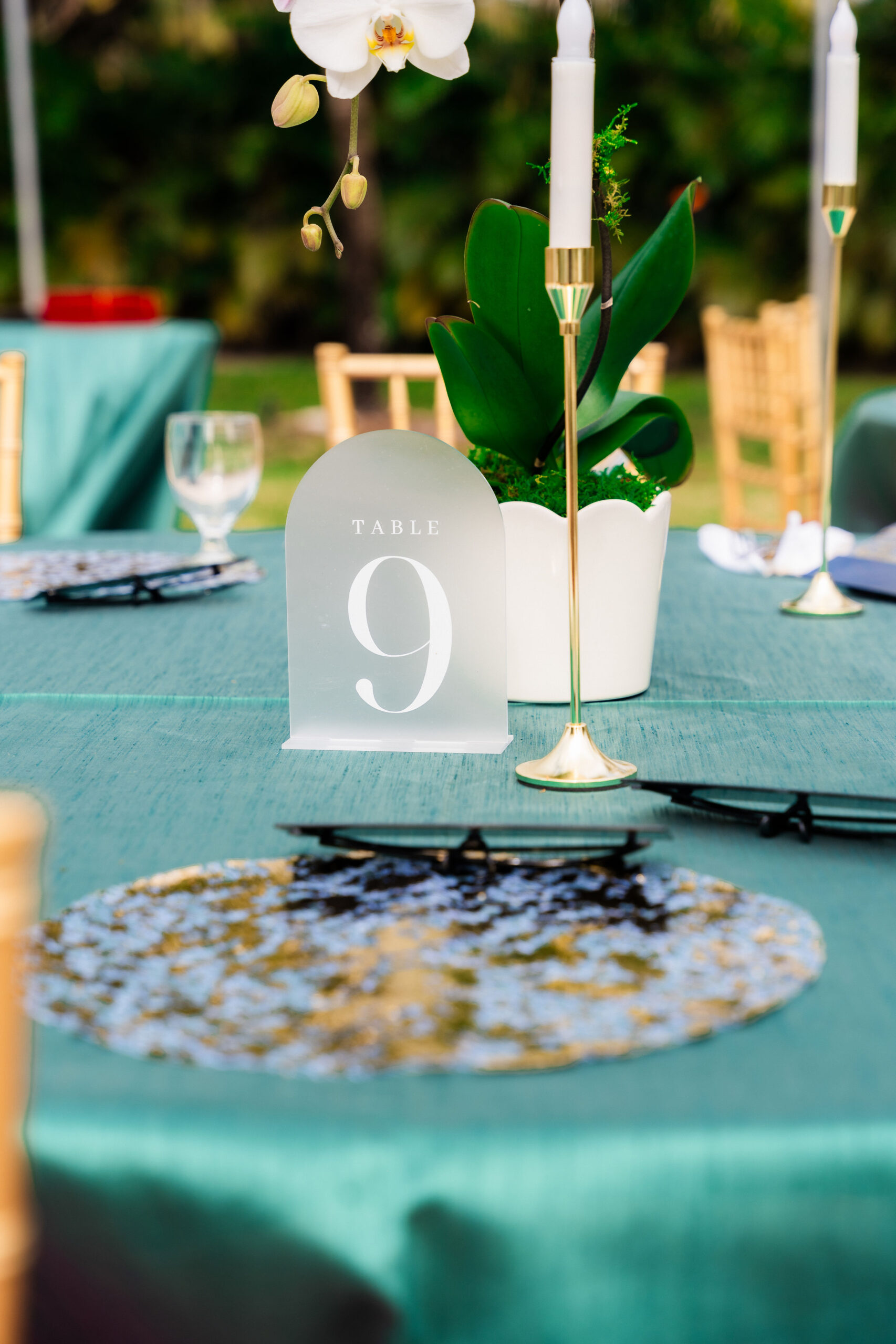Elegant reception table with orchids and green linens at Saint Patrick Palace wedding.