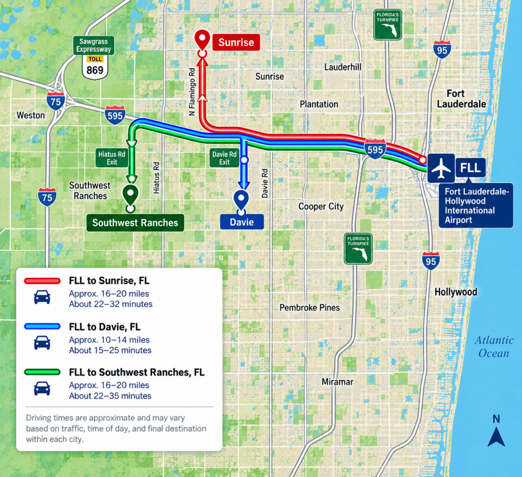 Illustrated I-595 map showing routes from Fort Lauderdale Airport to Davie, Southwest Ranches, and Sunrise wedding areas.