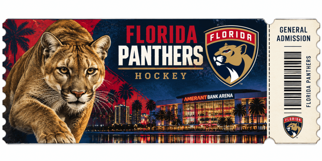 Illustrated Florida Panthers hockey ticket featuring Amerant Bank Arena in Sunrise, Florida.