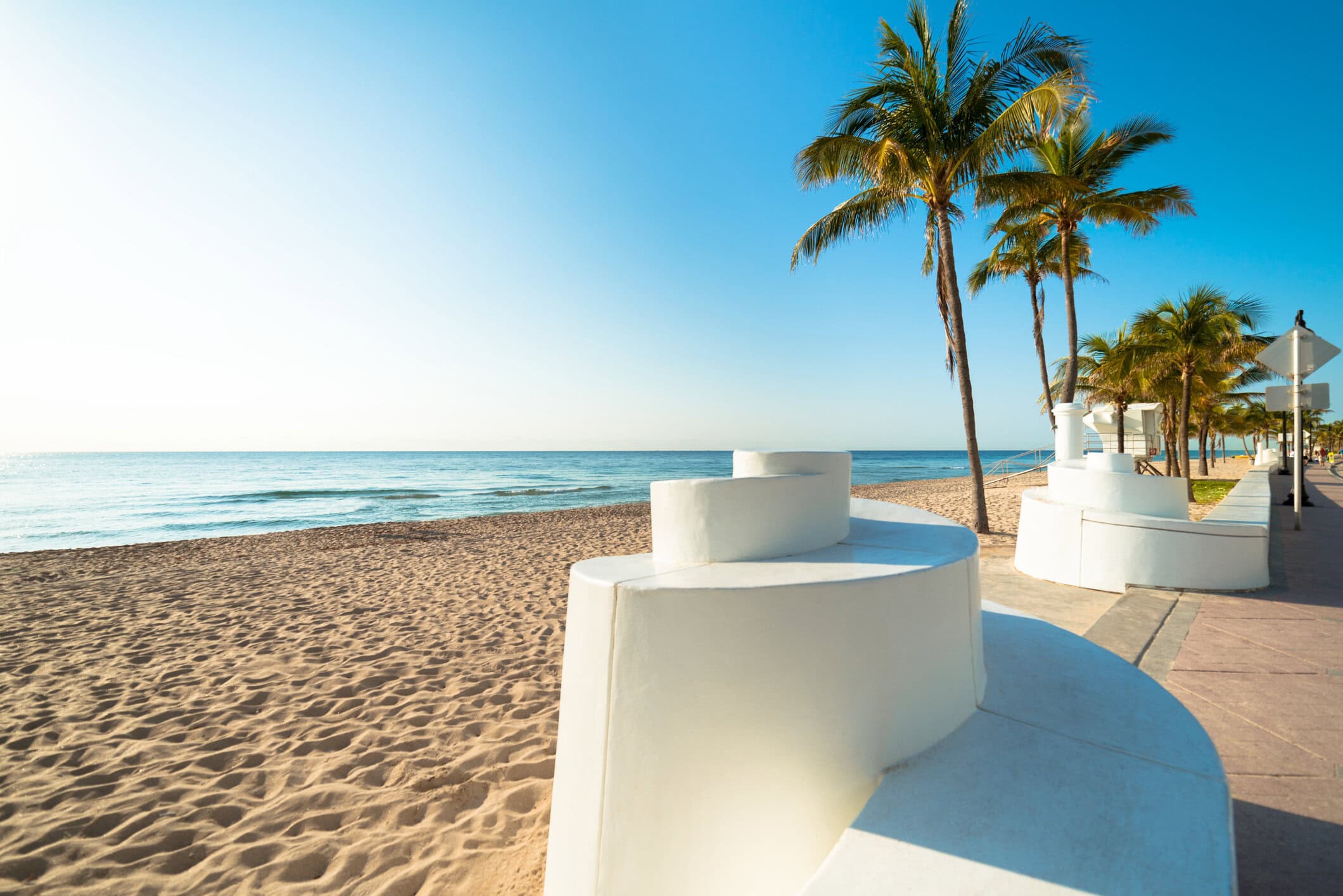 Fort Lauderdale Beach promenade with curved white seating, tropical palm trees, sandy shoreline, and Atlantic Ocean views.