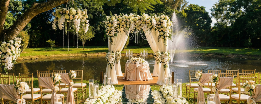 Waterfront garden wedding ceremony at Saint Patrick Palace in Davie FL, featuring a mirror aisle, white floral arch, and fountain backdrop, illustrating the Old World Garden Party trend