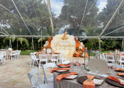 Little Pumpkin themed outdoor baby shower under a clear tent at Saint Patrick Palace