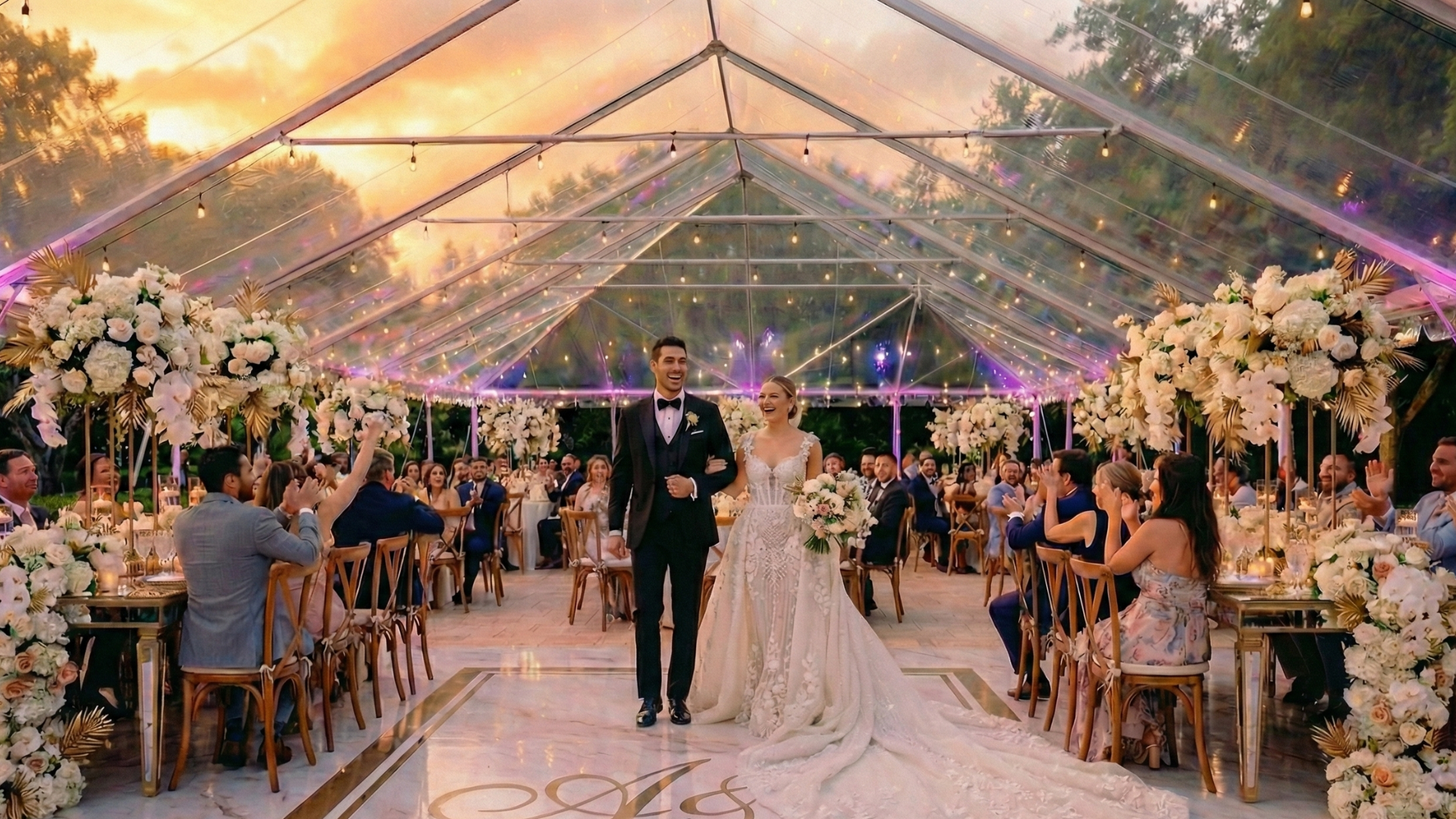 Luxury Clear Tent Wedding Reception at Saint Patrick Palace A bride and groom smiling as they walk hand-in-hand onto a monogrammed white dance floor inside a clear marquee tent filled with bistro lights and floral centerpieces at Saint Patrick Palace in Davie, FL. Guests are seated at tables in the background under a sunset sky.