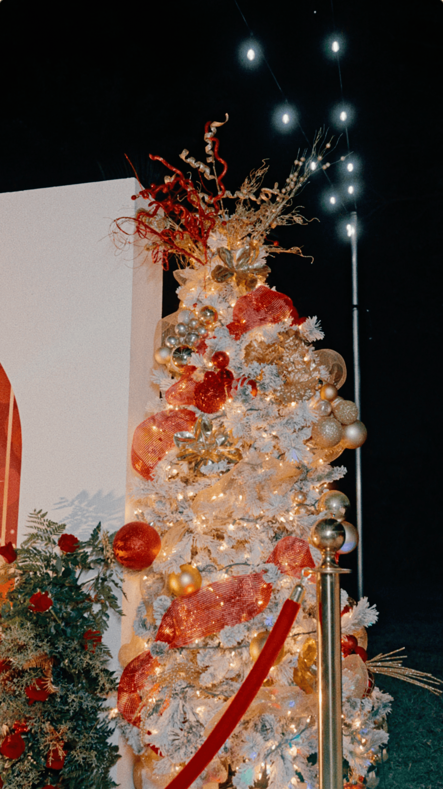 White Christmas tree decorated with red ribbons, gold ornaments, and sparkling lights at Saint Patrick Palace.