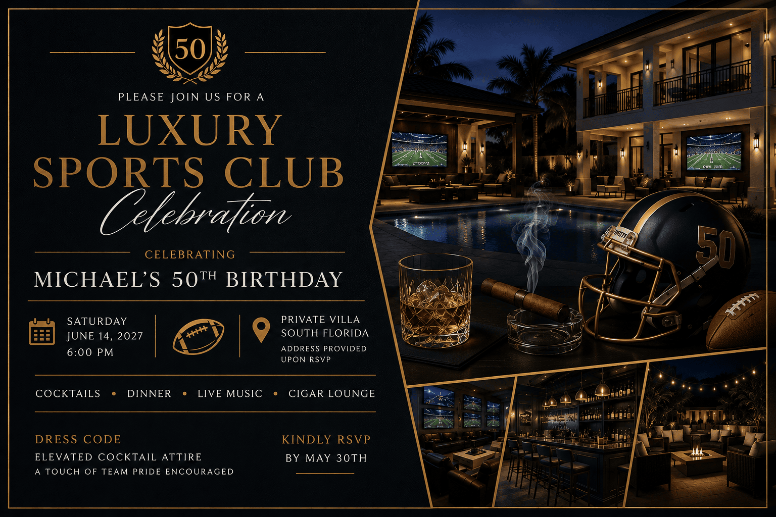 Luxury invitation for a sports club-themed 50th birthday celebration at a private villa in South Florida.