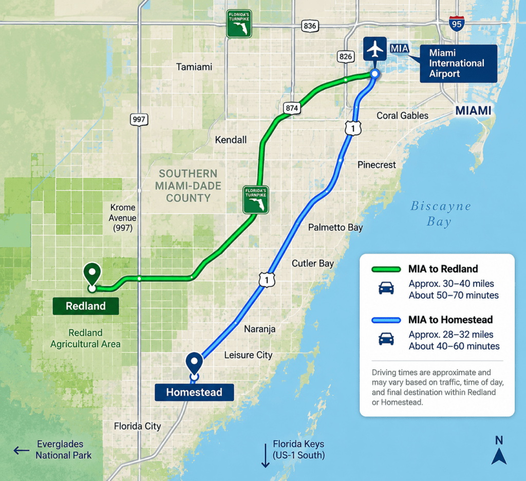 Illustrated map showing blue and green routes from Miami International Airport to Homestead and Redland wedding destinations.