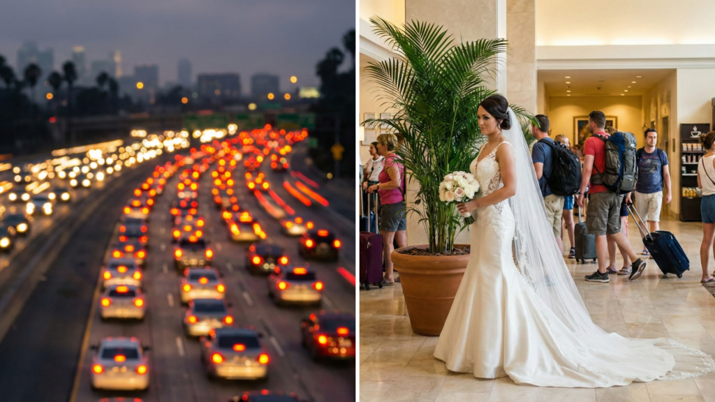 Split screen showing gridlock traffic on I-95 and a bride standing in a crowded hotel lobby with tourists, illustrating the stress of city weddings.