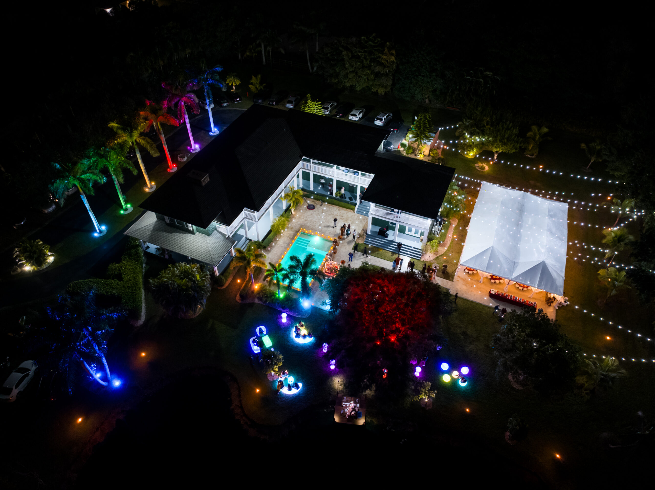 Aerial night view of Saint Patrick Palace, a luxury wedding venue in South Florida.