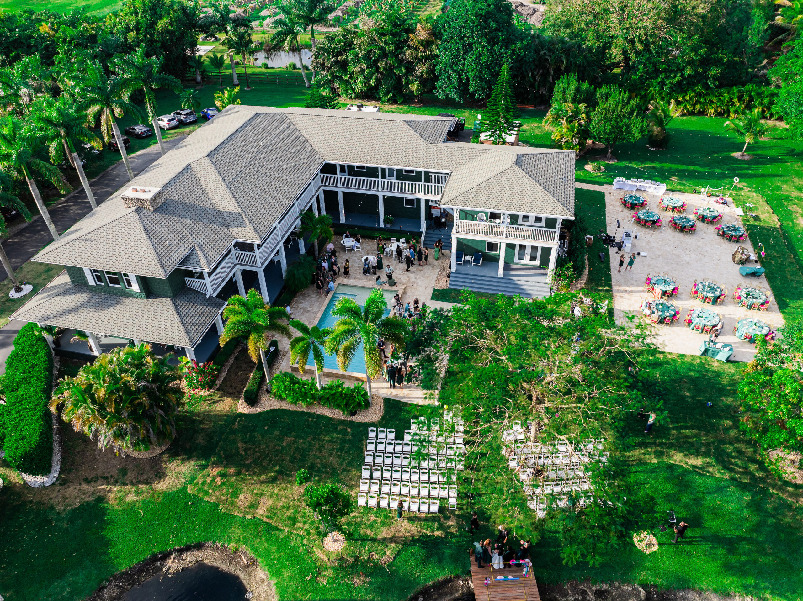 Aerial view of outdoor wedding reception setup at Saint Patrick Palace in Davie, FL.