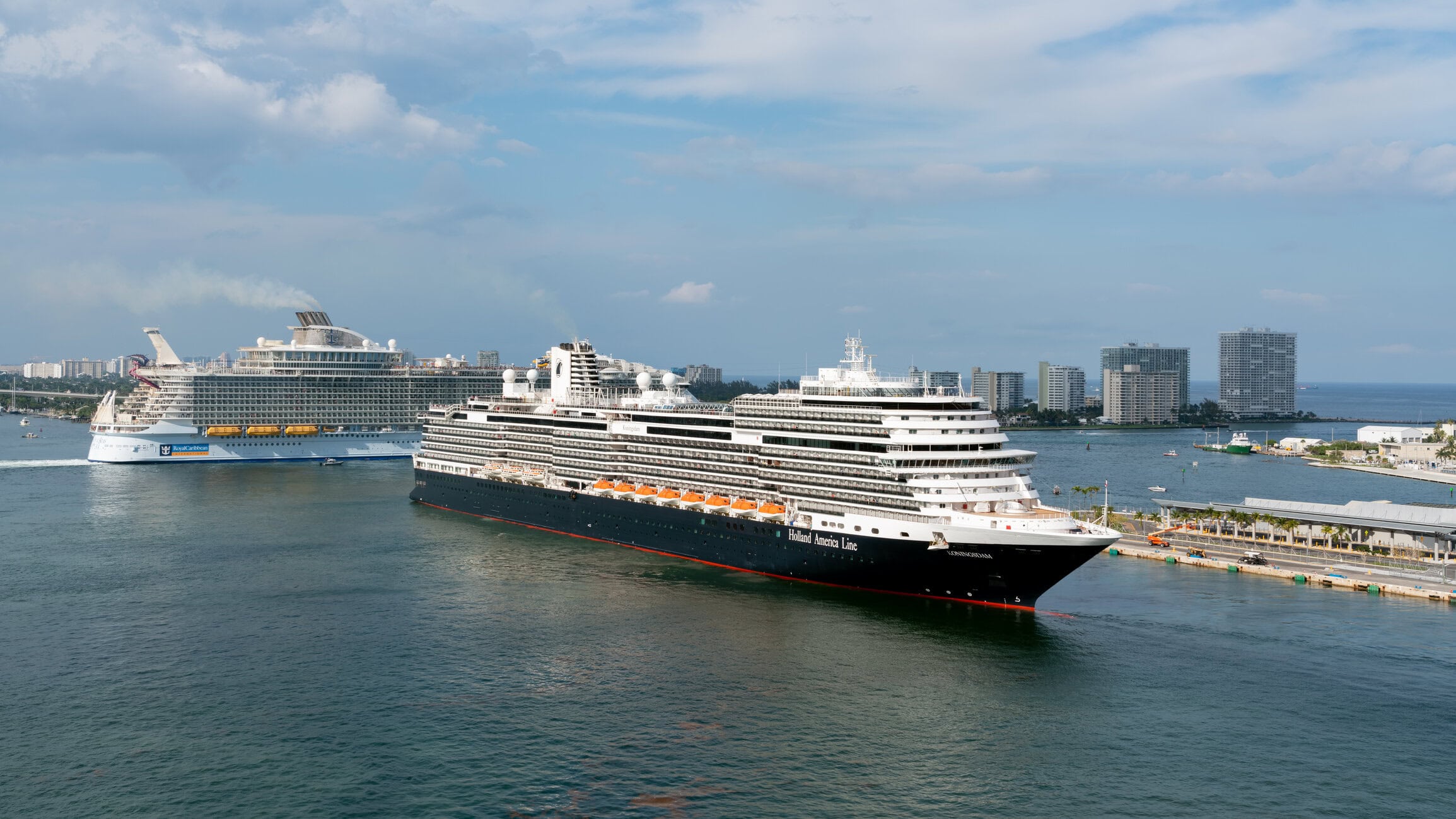 Holland America and Royal Caribbean cruise ships at Port Everglades in Fort Lauderdale, Florida.