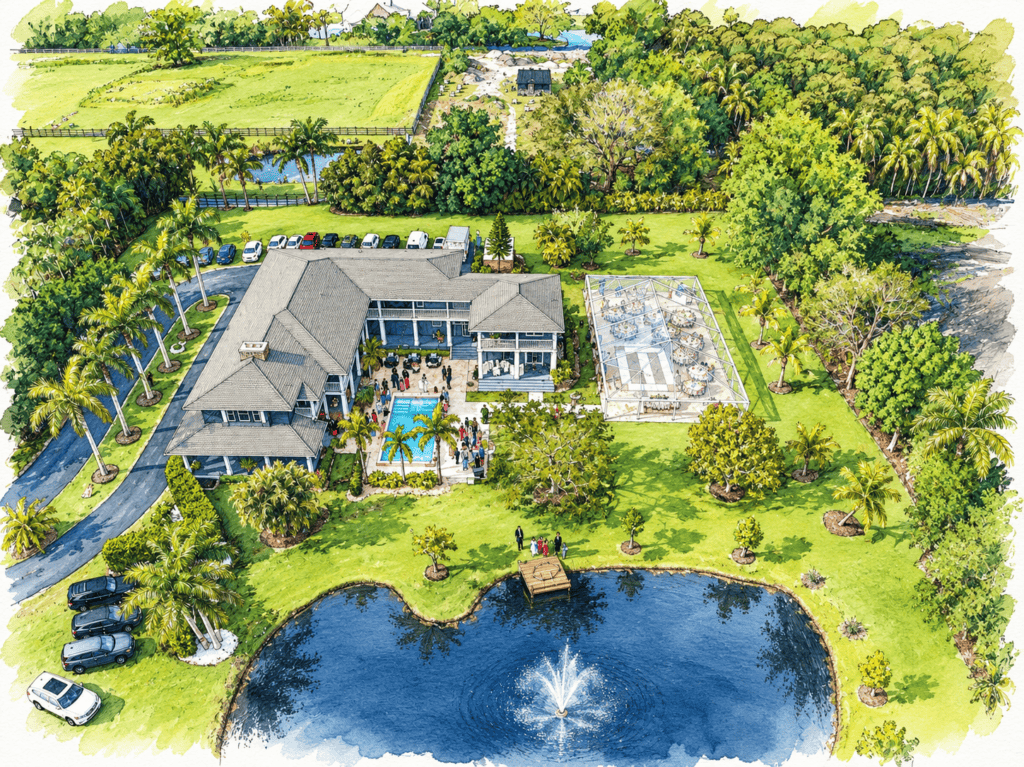 Watercolor aerial view of Saint Patrick Palace, a private estate wedding venue in Davie with a pond and reception tent.