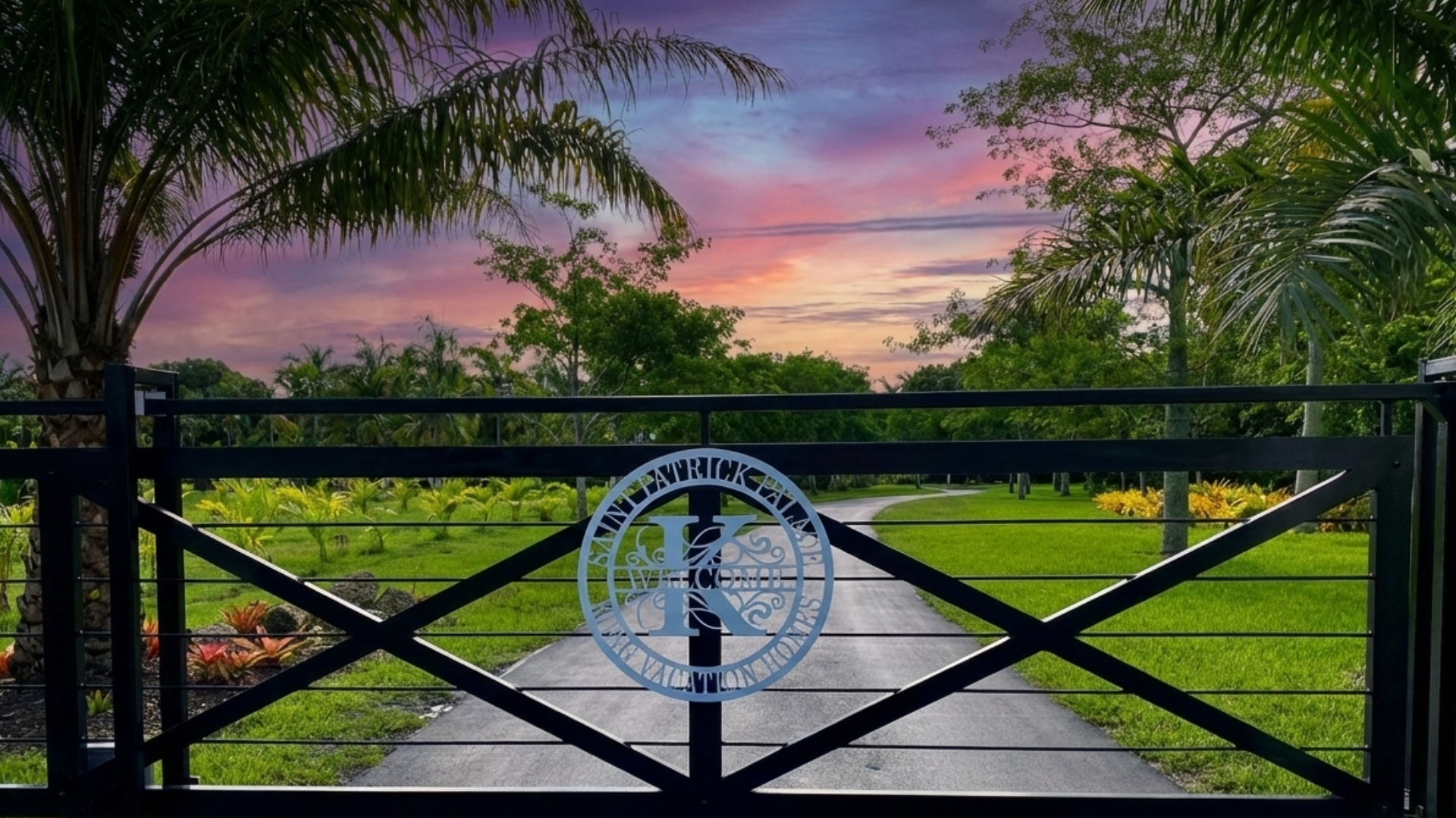The custom iron entrance gates of Saint Patrick Palace in Davie, FL, opening to a private long driveway and lush green property, ensuring total privacy for weddings.