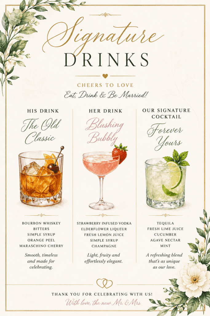 Elegant wedding signature drink menu featuring his drink, her drink, and a shared signature cocktail with custom illustrations.