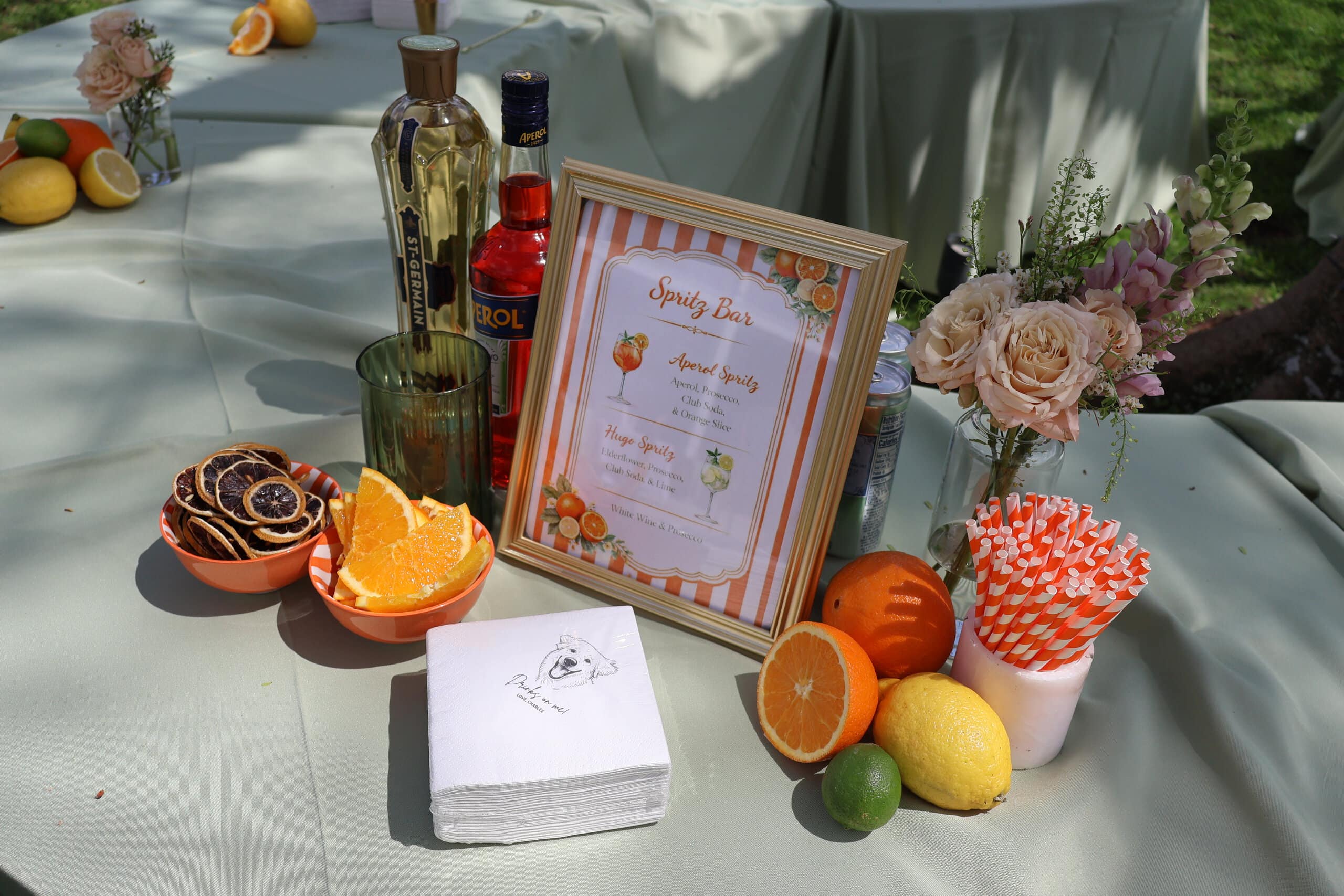 Wedding spritz bar with Aperol Spritz, citrus garnishes, floral decor, and custom cocktail menu at outdoor reception.