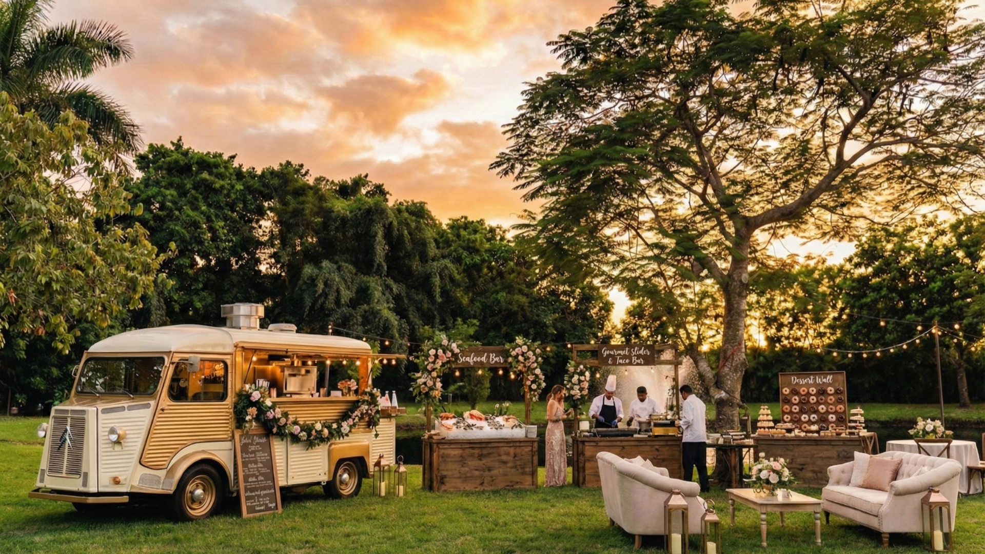 A unique outdoor wedding catering setup featuring a food truck and custom food stations at Saint Patrick Palace, showing the freedom to choose outside vendors