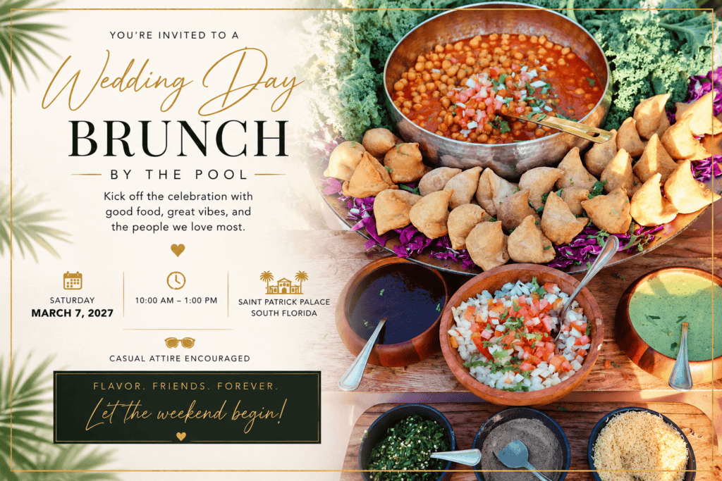 Wedding day brunch invitation featuring a colorful buffet for a relaxed celebration at a South Florida private estate venue.