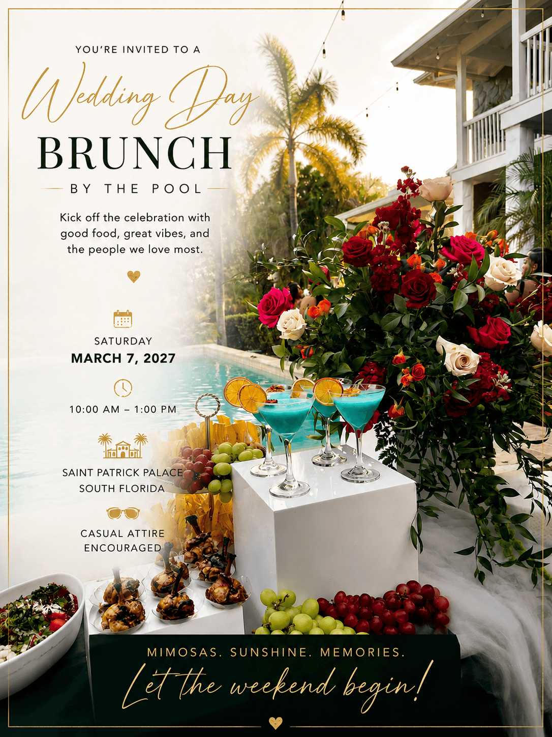 Wedding day poolside brunch invitation at Saint Patrick Palace featuring tropical florals, cocktails, and estate views.