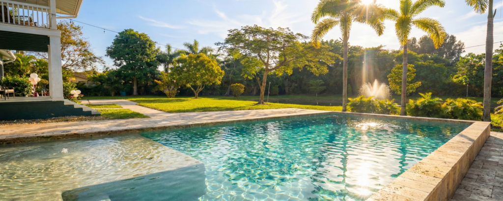 Heated saltwater pool and terrace at Saint Patrick Palace, a private wedding venue with overnight accommodations for 18 guests in Davie, FL.