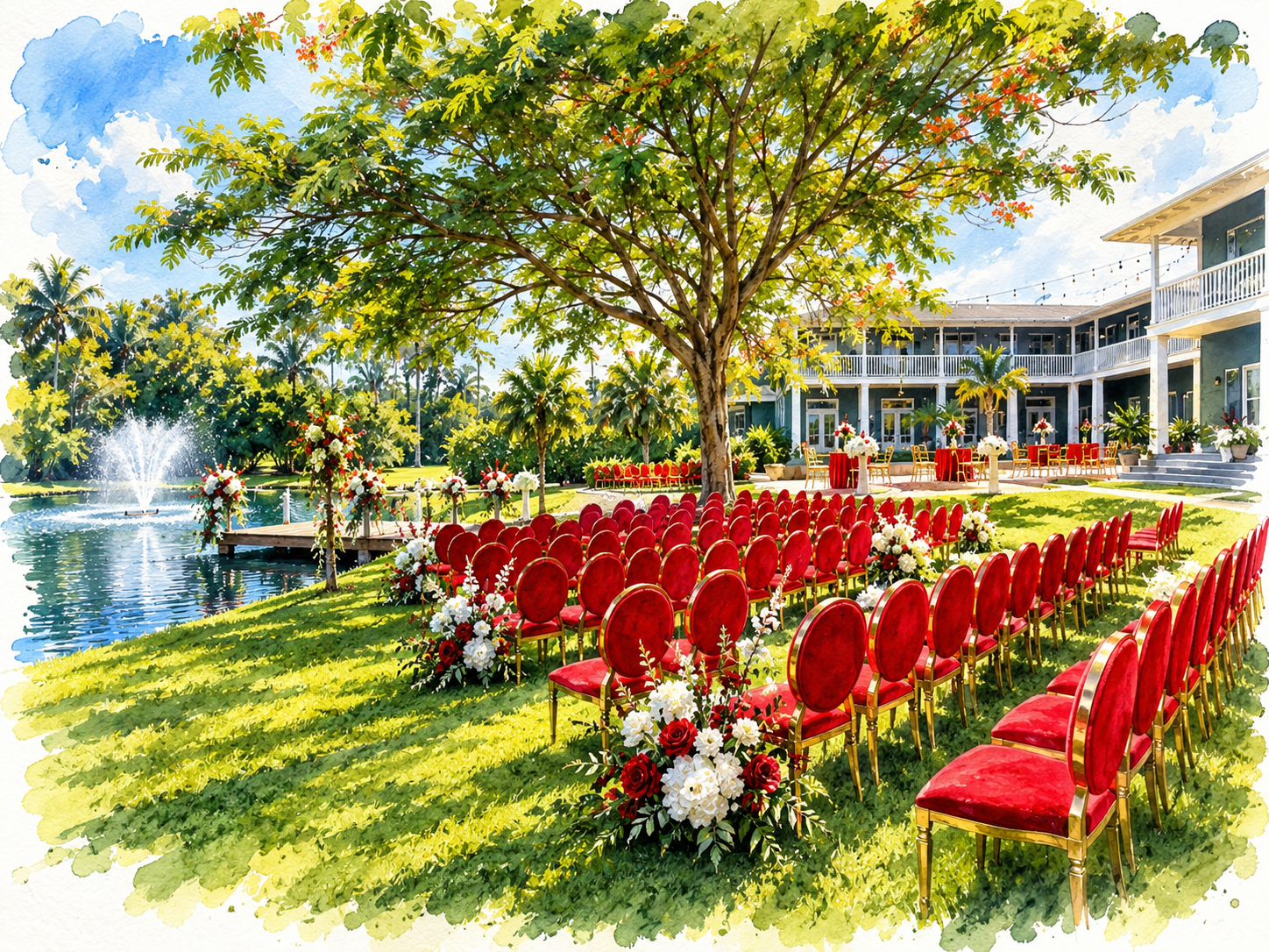 Watercolor of a waterside wedding ceremony at Saint Patrick Palace in Davie, with red chairs, flowers, and a pond.