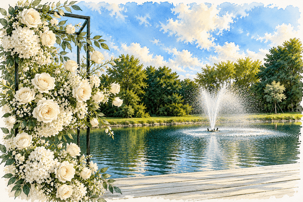 Watercolor of white roses beside a fountain pond at Saint Patrick Palace, an outdoor wedding venue in Davie, Florida.